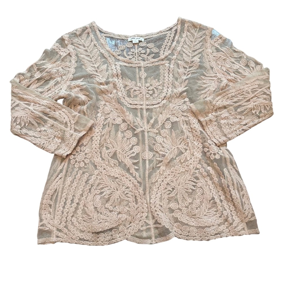 Ultra Pink Blouse Womens Pink Sheer Mesh Floral Embroidered Lace Top S